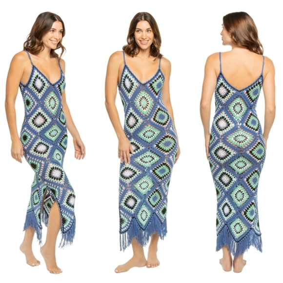 New Elan Aleki Diamond Crochet Blue Multicolor Maxi Dress/Swim Cover-Up Large - Picture 7 of 13